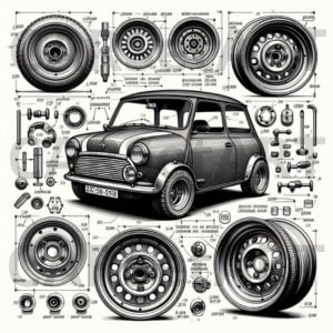 Könnte beinhalten: Eine Schwarzweißillustration eines klassischen Mini Cooper Autos, umgeben von verschiedenen Autoteilen, darunter Räder, Reifen und Motorteile. Das Auto hat ein Nummernschild mit der Aufschrift "52-298-702".