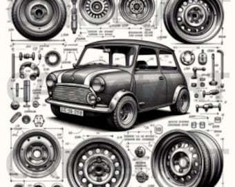 Pack 4 Mini Cooper, Digital Download, Digital Art Print, Classic Mini Cooper, PNG, PNG Files, Technical Drawing