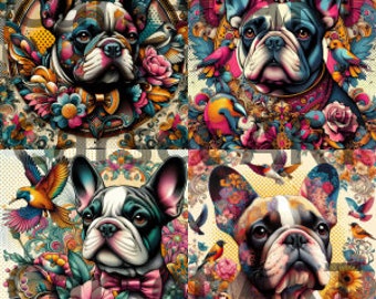 Pack of 4 PNG - Baroque Images of French Bulldogs, Ideal for Print on Demand in 300 DPI - Unique Style and Refined Details