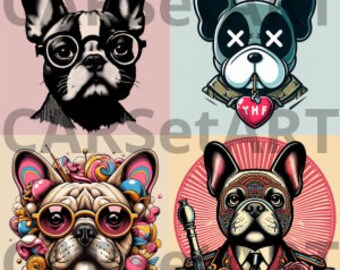 Pack of 4 PNG - Street art of French Bulldogs, Ideal for Print on Demand in 300 DPI - Unique Style and Refined Details