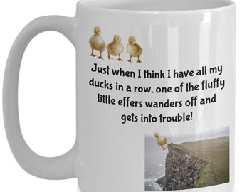 Ducks in a Row Mug • Funny Chaos Quote • Fluffy Duck Humor Cup • Sarcastic Coffee Mug for Moms, Coworkers & Anyone Doing Their Best