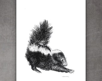 Downward Facing Skunk PRINT Pen Ink Drawing Nature Wildlife Artwork Contemporary Wall Hanging Interior Design Details Decorating Home Decor