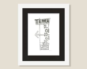 Tewa Lodge PRINT Art Pen and Ink Drawing Retro Nostalgia Artwork Wall Hanging Interior Design Route 66 Decorating Home Decor