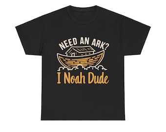 May include: Black t-shirt with a yellow graphic of a boat with the text "Need an Ark? I Noah Dude."