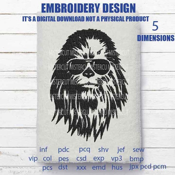 Machine Embroidery files, Chewbacca with sunglasses Embroidery files Design, Embroidery Designs, Embroidery Design gift idea, star wars