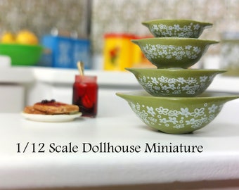 Cinderella Spring Blossom Avocado Pyrex Bowl Set - this is a 1:12 scale Dollhouse Miniature