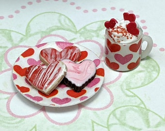 Valentine Cookies with Hot Chocolate so realistic but NOT real food - 1:12 scale dollhouse miniature