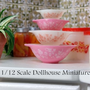 Cinderella Gooseberry Pink and White Pyrex Bowl Set - this is a 1:12 scale Dollhouse Miniature