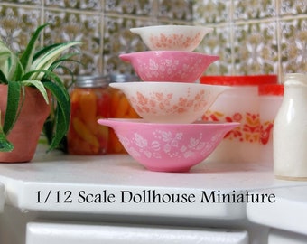 Cinderella Gooseberry Pink and White Pyrex Bowl Set - this is a 1:12 scale Dollhouse Miniature
