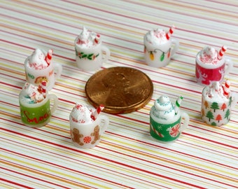 Christmas Mug Hot Chocolate Collection  'B' -1:12 inch scale (10 mm tall) Doll house Miniature