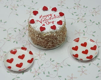 Valentine's Day Cake -   With two valentine decorated plates. so realistic but NOT real food - 1:12 scale dollhouse miniature