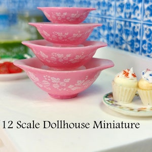 Cinderella Gooseberry White on Pink Pyrex Bowl Set - this is a 1:12 scale Dollhouse Miniature