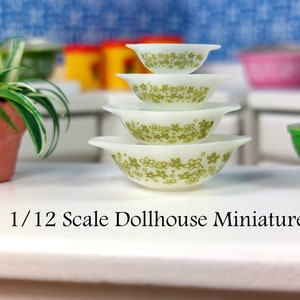 Cinderella Spring Blossom Green on White Pyrex Bowl Set - this is a 1:12 scale Dollhouse Miniature