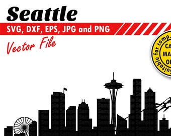 Seattle Skyline Svg, Dxf, Eps, Jpg, Png. Cutting City Silhouette Vector. Downtown DIY Gift, Card Stock Template, T-shirt, Wall Print Design.