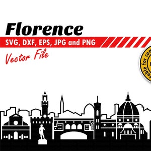 May include: Black and white silhouette of the Florence skyline, including the Duomo, Ponte Vecchio, and other notable landmarks. The text "Florence" is at the top of the image, and the text "SVG, DXF, EPS, JPG and PNG Vector File" is below it. The text "comp.-controlled machines Suitable for CAN BE MADE TO ORDER" is in a circle at the top right of the image.