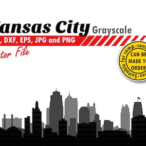 Può includere: Silhouette in bianco e nero dello skyline di Kansas City. Il testo "Kansas City Grayscale" è nella parte superiore dell'immagine. Il testo "SVG, DXF, EPS, JPG e PNG Vector File" è sotto lo skyline. Un cerchio giallo con il testo "Suitable for comp.-controlled machines CAN BE MADE TO ORDER" è nell'angolo in alto a destra dell'immagine.
