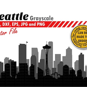 Archivo SVG, DXF, PNG, JPG y EPS del horizonte de Seattle en escala de grises. Archivo vectorial de corte de silueta de ciudad multicapa. Regalo DIY de la ciudad, caja de sombras, camiseta.