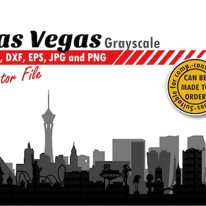Skyline di Las Vegas in scala di grigi Svg, Dxf, Png, Jpg, Eps. File di taglio della silhouette della città vettoriale multistrato. Regalo fai da te Nevada, adesivo urbanista