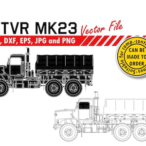 Może przedstawiać: Czarno-biały rysunek wojskowego samochodu ciężarowego, MTVR MK23, z plandeką. Ciężarówka ma dużą kabinę i platformę z plandeką. Ciężarówka nadaje się do maszyn sterowanych komputerowo i może być wykonana na zamówienie.
