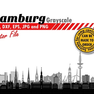 Peut inclure: Silhouette noire et blanche de l'horizon de Hambourg, y compris la salle de concert Elbphilharmonie. L'image comprend le texte "Hamburg Grayscale", "SVG, DXF, EPS, JPG et PNG", "Vector File", et un cercle jaune avec le texte "comp.-controlled", "CAN BE MADE TO ORDER", "Suitable for machines".