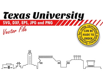 Contorno do horizonte da Universidade do Texas em SVG, EPS, DXF, JPG e PNG. Paisagem linear para recorte e impressão. Decoração de convites, presentes DIY, design para impressão em parede.