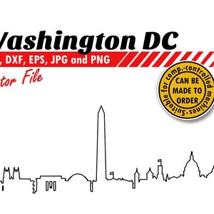 Washington DC Outline Skyline Svg, Dxf, Eps, Jpg, Png. Arquivo de corte vetorial de silhueta de cidade de linha única. Presente DIY, decoração de planejador, impressão de parede