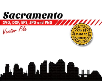 Silhueta da cidade de Sacramento em SVG, EPS, DXF, JPG e PNG. Ideal para impressão e recorte. Perfeito para presentes de aniversário, camisetas, copos e decoração de parede.