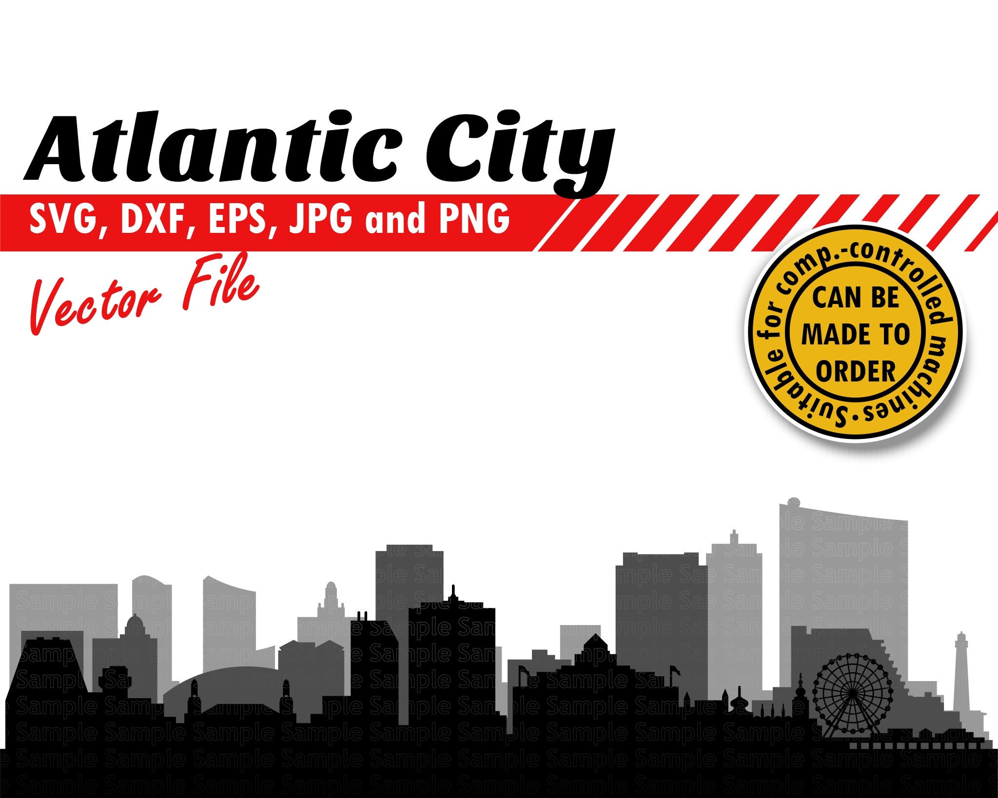 Atlantic City Grayscale Skyline Svg, Dxf, Eps, Jpg Multi
