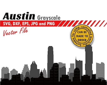Silhueta de Austin em tons de cinza nos formatos SVG, DXF, EPS, JPG e PNG | Arquivo de corte com múltiplas camadas para silhueta da cidade | Decoração para presentes DIY, scrapbook e planners do Texas