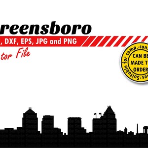 Greensboro Skyline Svg, Eps, Dxf, Jpg, Png. Silueta de la ciudad de corte e impresión. Regalo de bricolaje, tarjeta, vaso, decoración de bodas, camiseta, impresión de pared.