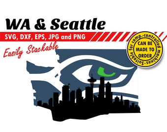 May include: A black silhouette of the Seattle skyline inside the outline of the state of Washington. The Seattle skyline includes the Space Needle. The state of Washington is filled with a blue and white graphic of the Seattle Seahawks logo. The text "WA & Seattle" is at the top of the image. The text "SVG, DXF, EPS, JPG and PNG" is below the title. The text "Easily Stackable" is below the file types. A yellow circle with the text "Suitable for comp.-controlled machines CAN BE MADE TO ORDER" is in the upper right corner of the image.