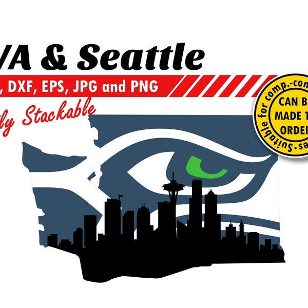 Washington & Seattle Sports Skyline Svg, Eps, Dxf, Jpg, Png. Layered Scenery for Cutting, Printing. DIY Gift, Shadow Box, Wall Print Design.