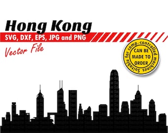 Horizonte de Hong Kong Svg, Eps, Dxf, Jpg, Png. Silhueta da cidade para impressão e corte de arquivo. Presente DIY de aniversário, laser, camiseta, design de impressão de parede.