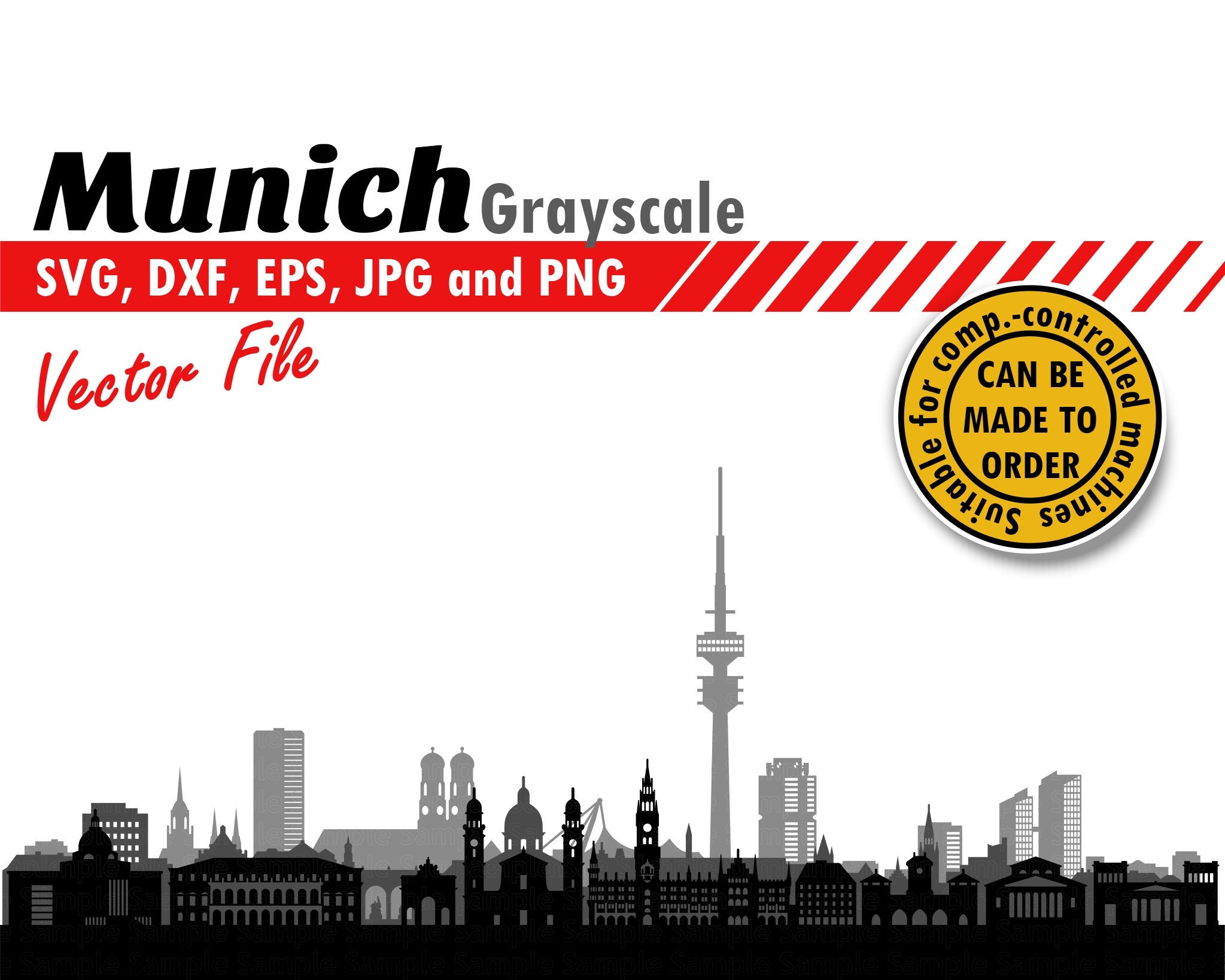 München Layered Skyline SVG. Dxf, Png, Jpg, Eps. Detaillierte