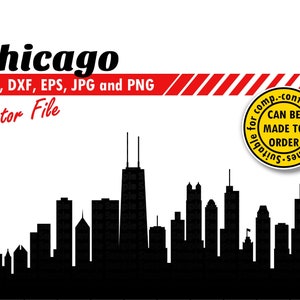 Horizonte de Chicago Svg, Dxf, Eps, Jpg, Png. Silueta de ciudad para impresión y corte. Regalo de bricolaje B-day, plantilla láser, camiseta, diseño de impresión de pared.