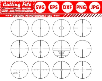 May include: A set of 12 black and white scope reticle designs. The reticles are circular and feature different crosshairs, dots, and lines.
