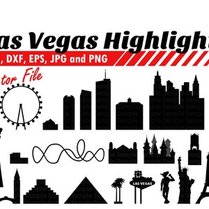 Attrazioni di Las Vegas in formato SVG, DXF, EPS, PNG e Jpg. Silhouette vettoriale del grattacielo del centro. Stampa murale con paesaggio urbano, idea regalo fai da te.