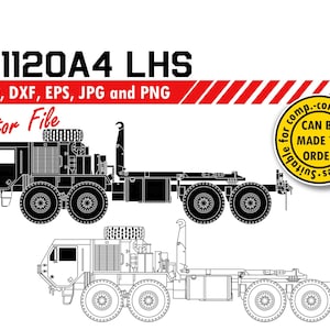 Può includere: Disegno in bianco e nero di un camion militare, il M1120A4 LHS. Il camion ha una piattaforma e un braccio di gru. Il testo "for comp.-controlled machines suitable for CAN BE MADE TO ORDER" è in un cerchio giallo.