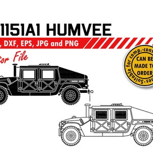Può includere: Illustrazione in bianco e nero di un Humvee militare, noto anche come M1151A1, un veicolo utilitario a quattro ruote motrici. L'immagine include il testo "M1151A1 HUMVEE" e "SVG, DXF, EPS, JPG e PNG Vector File".