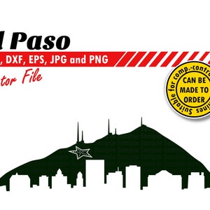 El Paso Skyline Svg, Eps, Dxf, Jpg, Png. Sylwetka miasta z gwiazdą do wydruku i pliku do cięcia. Prezent DIY, laser, koszulka, projekt nadruku ściennego.