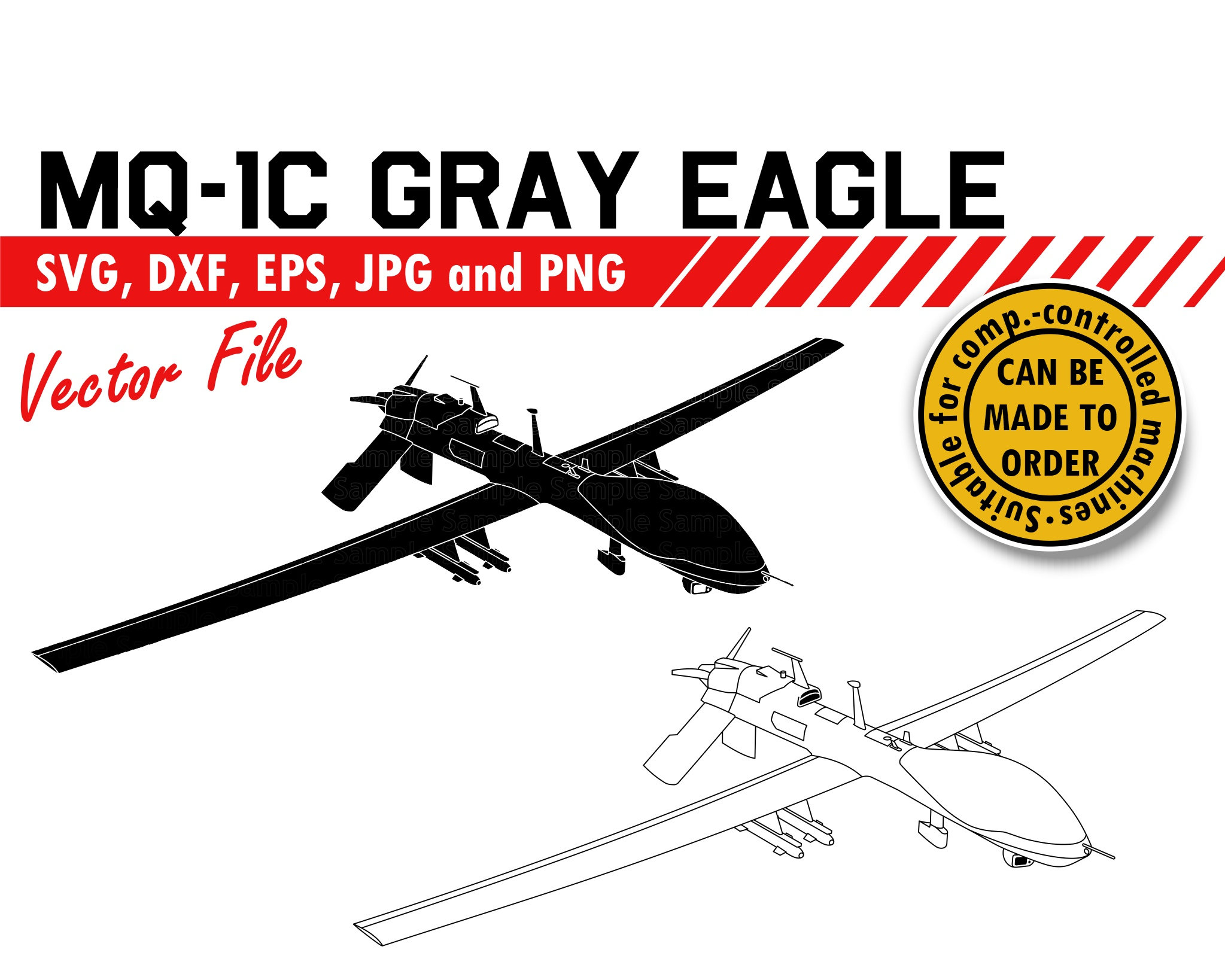 MQ 1C Gray Eagle Drone Svg, Dxf, Eps, Jpg, Png. UAV Silhouette