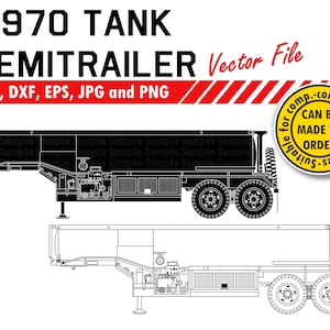 Puede incluir: Dibujo en blanco y negro de un semirremolque de tanque M970. El dibujo muestra la vista lateral del vehículo. El tanque está en un remolque con ruedas. El texto "M970 TANK SEMITRAILER Vector File SVG, DXF, EPS, JPG and PNG" está en la parte superior de la imagen.