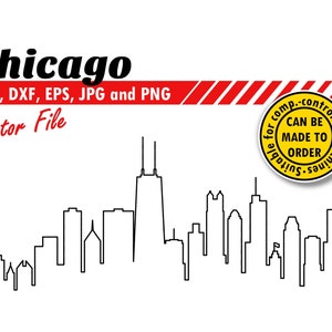 Chicago Skyline Outline Svg, Dxf, Eps, Jpg, Png. Arquivo de corte de silhueta de cidade de linha. Presente DIY do B-Day, design de camisetas, impressão têxtil e de parede.
