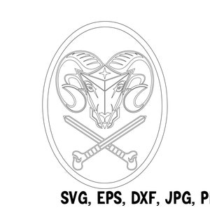 May include: A black and white line art illustration of a ram's head with horns inside a circle. Two swords are crossed behind the ram's head.
