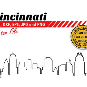 Könnte beinhalten: Schwarz-weiße Skyline von Cincinnati, Ohio, in Linienkunst. Die Skyline umfasst den Carew Tower, das Great American Ball Park und die Roebling-Hängebrücke. Der Text "Cincinnati" steht in fetten roten Buchstaben oben im Bild. Der Text "SVG, DXF, EPS, JPG und PNG Vector File" befindet sich unterhalb des Städtenamens. Ein gelber Kreis mit dem Text "Suitable for comp.-controlled machines CAN BE MADE TO ORDER" befindet sich in der oberen rechten Ecke des Bildes.