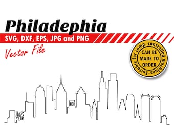 Puede incluir: Silueta en blanco y negro de la línea de horizonte de Filadelfia en arte lineal. El horizonte incluye varios edificios altos, incluida la icónica Campana de la Libertad. El texto "Philadelphia" está en la parte superior de la imagen, y el texto "SVG, DXF, EPS, JPG y PNG Vector File" está debajo del horizonte. Un círculo amarillo con el texto "Suitable for comp.-controlled machines CAN BE MADE TO ORDER" está en la esquina superior derecha de la imagen.