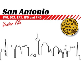 Silhueta do horizonte de San Antonio em SVG, EPS, DXF, JPG e PNG. Clipart e arquivo de corte com silhueta de paisagem urbana. Ideal para presentes DIY, camisetas e estampas de parede.