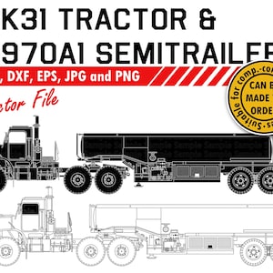 Puede incluir: Ilustración en blanco y negro de línea de arte de un tractor MK31 y un semirremolque M970A1. La imagen incluye el texto "MK31 TRACTOR & M970A1 SEMITRAILER" y "SVG, DXF, EPS, JPG and PNG Vector File".