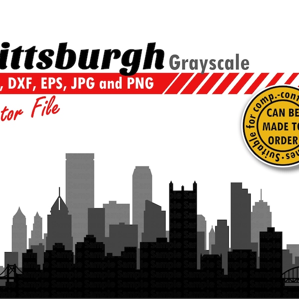 Pittsburgh Grayscale Skyline Svg, Dxf, Eps, Jpg & Png File. Archivo de corte vectorial de silueta de ciudad multicapa. Regalo de bricolaje, impresión de pared de paisaje urbano