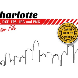 Charlotte Skyline Outline Svg, Eps, Dxf, Jpg, Archivo Png ? Archivo de corte de la silueta de la ciudad vectorial de una sola línea ( Single Line Vector City?  NASCAR, Spectrum Center, Catawba